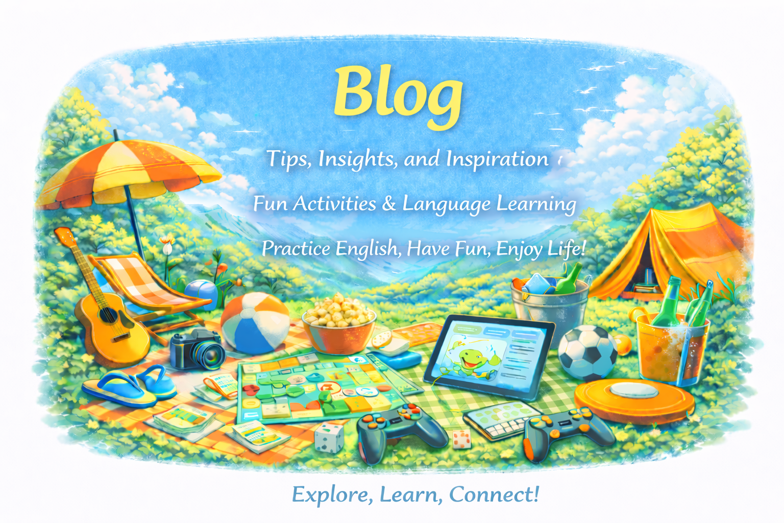 English learning blog with grammar tips, vocabulary articles, speaking guides, and study resources